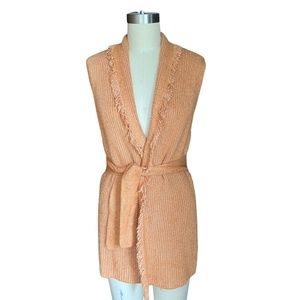 Tahari Burnt Orange Fluffy Knit Wrap Long Vest w/ Belt and Fringe Hem